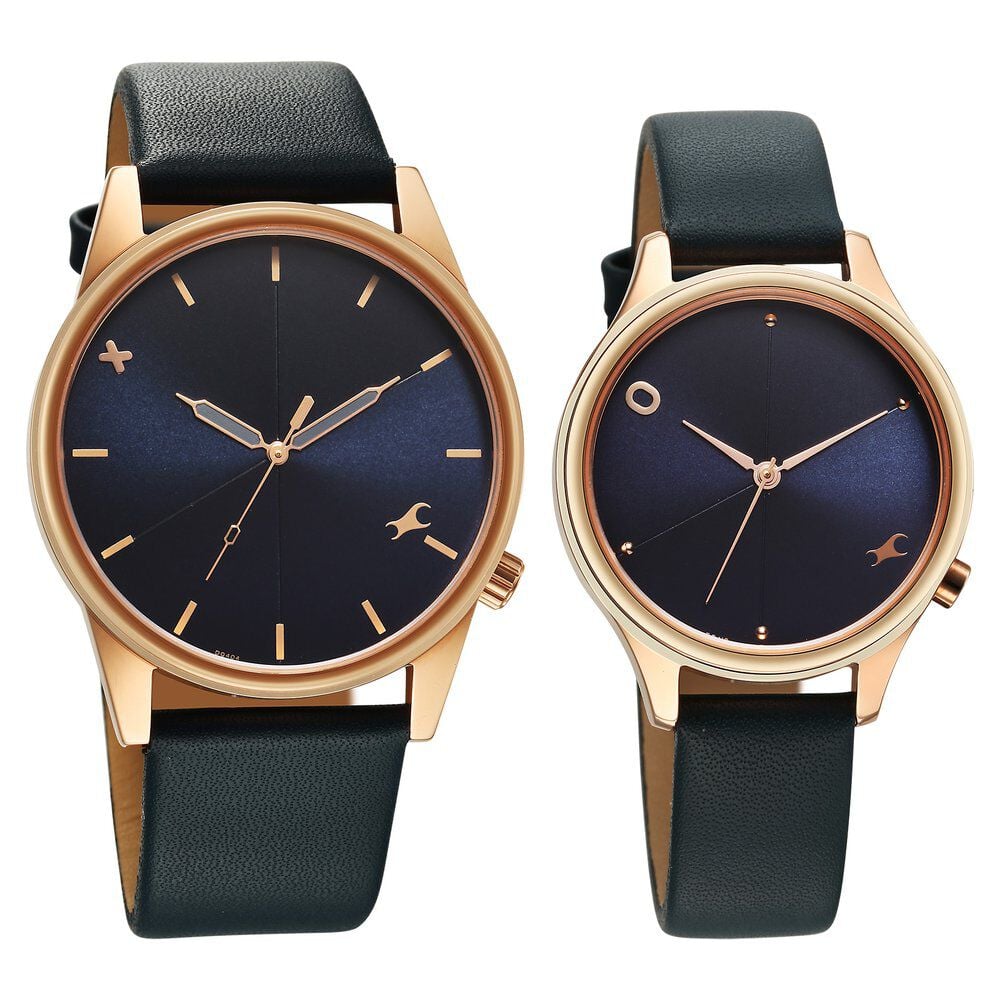 Fastrack Mixmatched Quartz Analog Blue Dial With Blue Leather Strap Watch For Couple