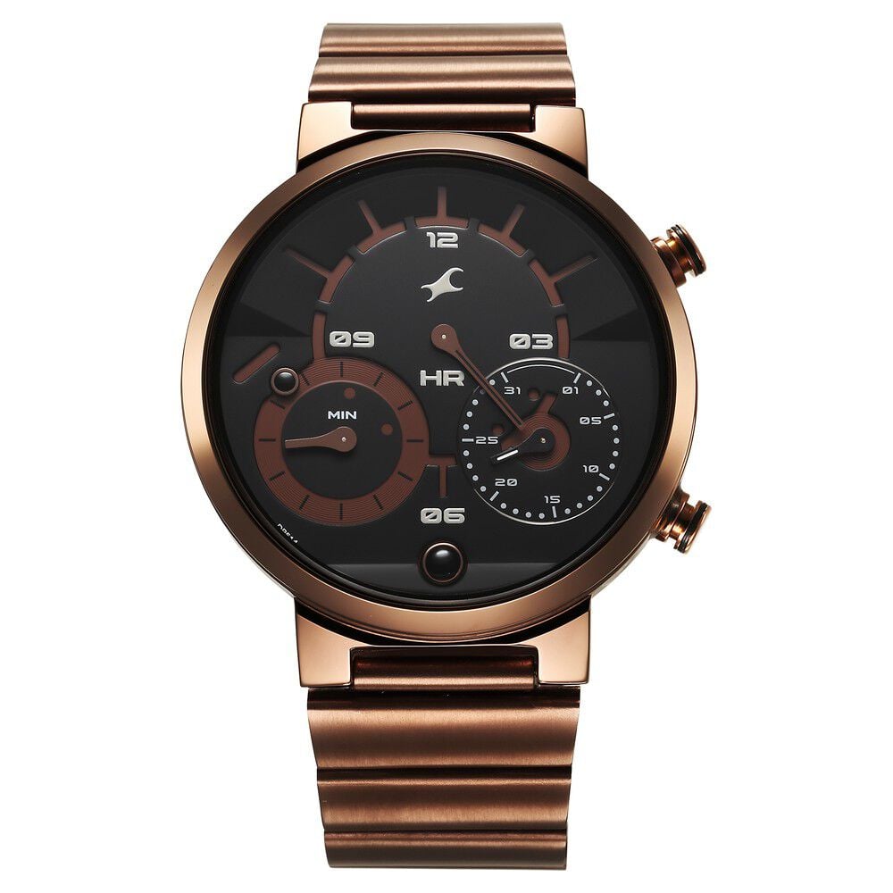 Fastrack Gambit Micromotor Black Dial Brown Metal Strap Analog Watch for Guys