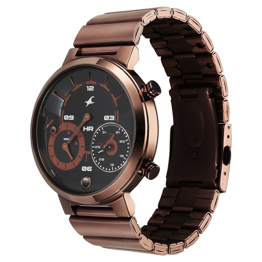 Fastrack Gambit Micromotor Black Dial Brown Metal Strap Analog Watch for Guys
