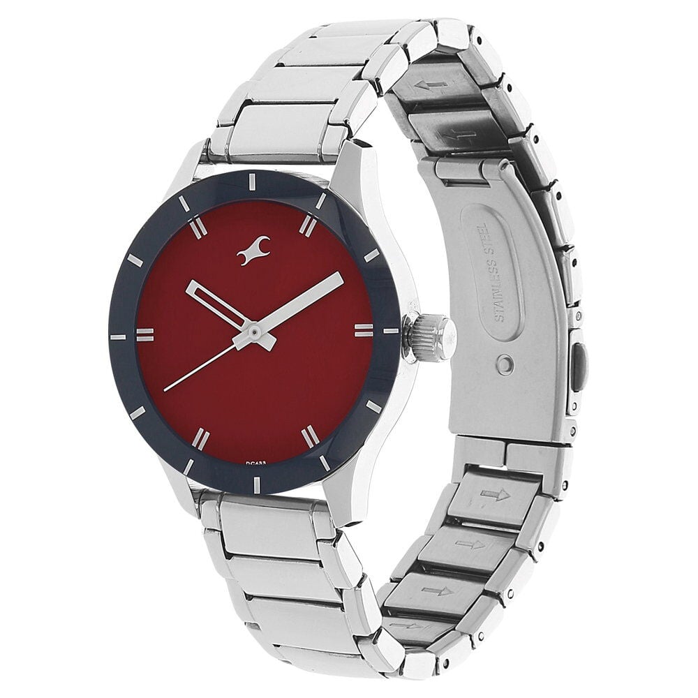 Fastrack Quartz Analog Red Dial Stainless Steel Strap Watch for Girls