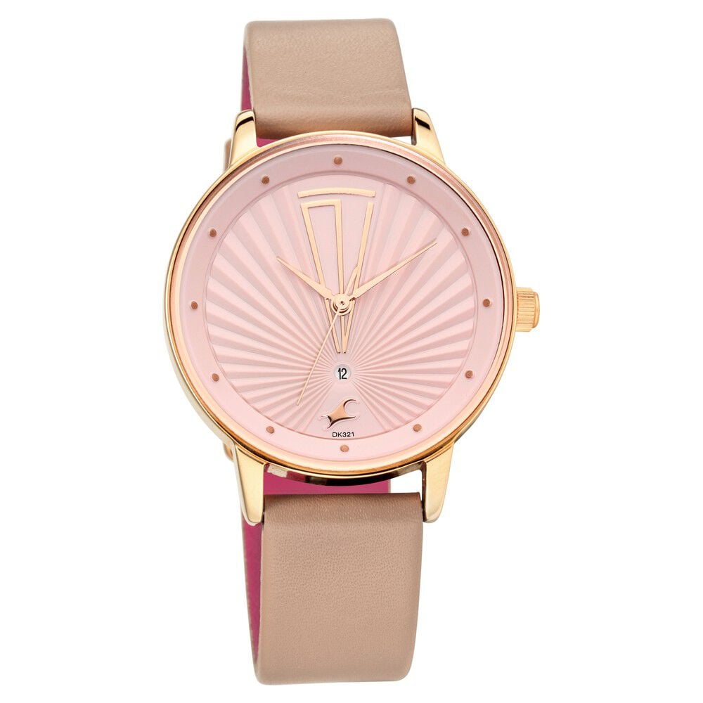 Fastrack Ruffles Quartz Analog with Date Pink Dial Leather Strap Watch for Girls