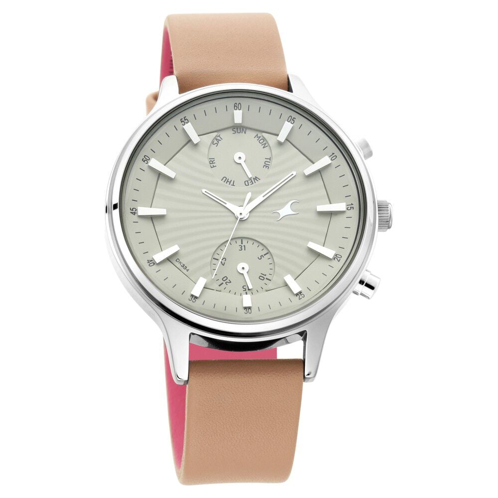 Fastrack Ruffles Quartz Multifunction Beige Dial Leather Strap Watch for Girls