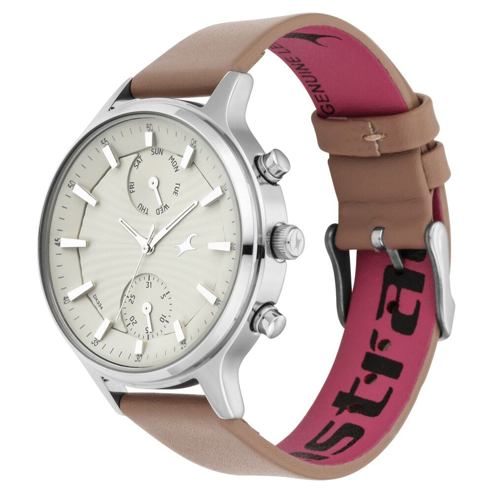 Fastrack Ruffles Quartz Multifunction Beige Dial Leather Strap Watch for Girls