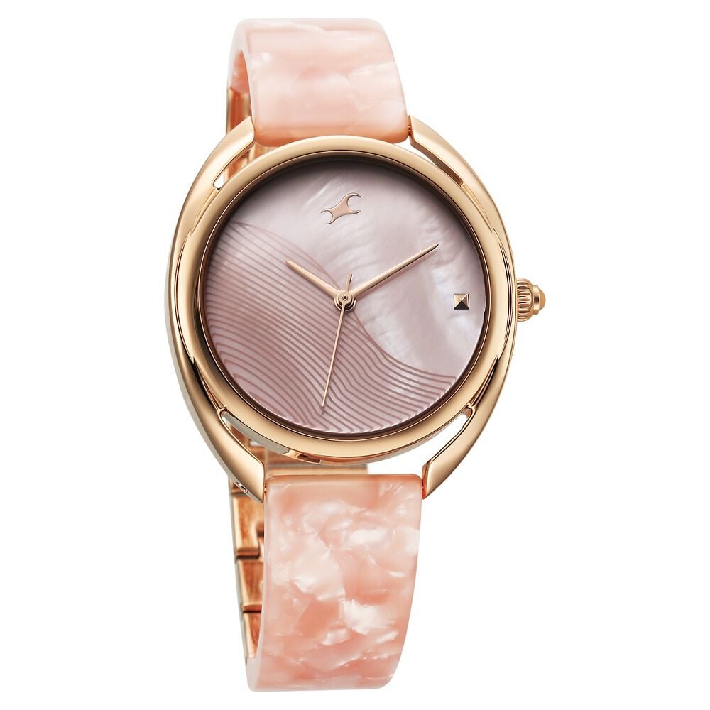 Fastrack Younique Quartz Analog Pink Color Mother Of Pearl Dial Acetate And Metal Strap Watch For Girls