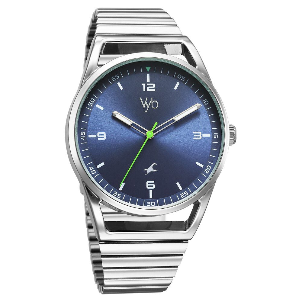 Fastrack Vyb Horizon Quartz Analog Blue Dial Silver Metal Strap Watch For Guys