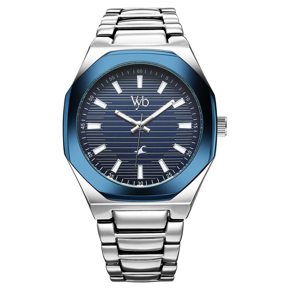 Fastrack Vyb Limitless Quartz Analog Blue Dial Silver Color Metal Strap Watch For Guys