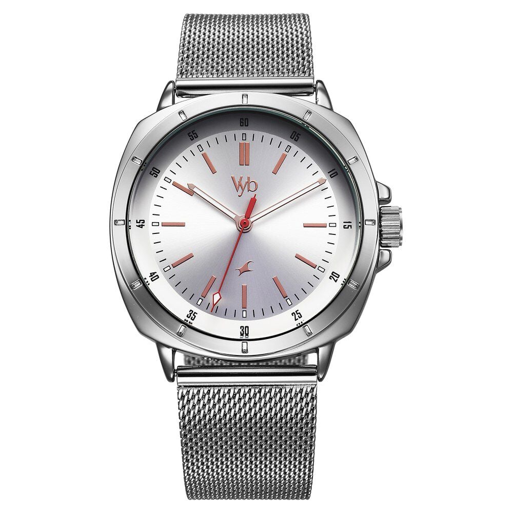 Fastrack Vyb Pioneer Quartz Analog Silver Dial Silver Metal Strap Watch For Guys