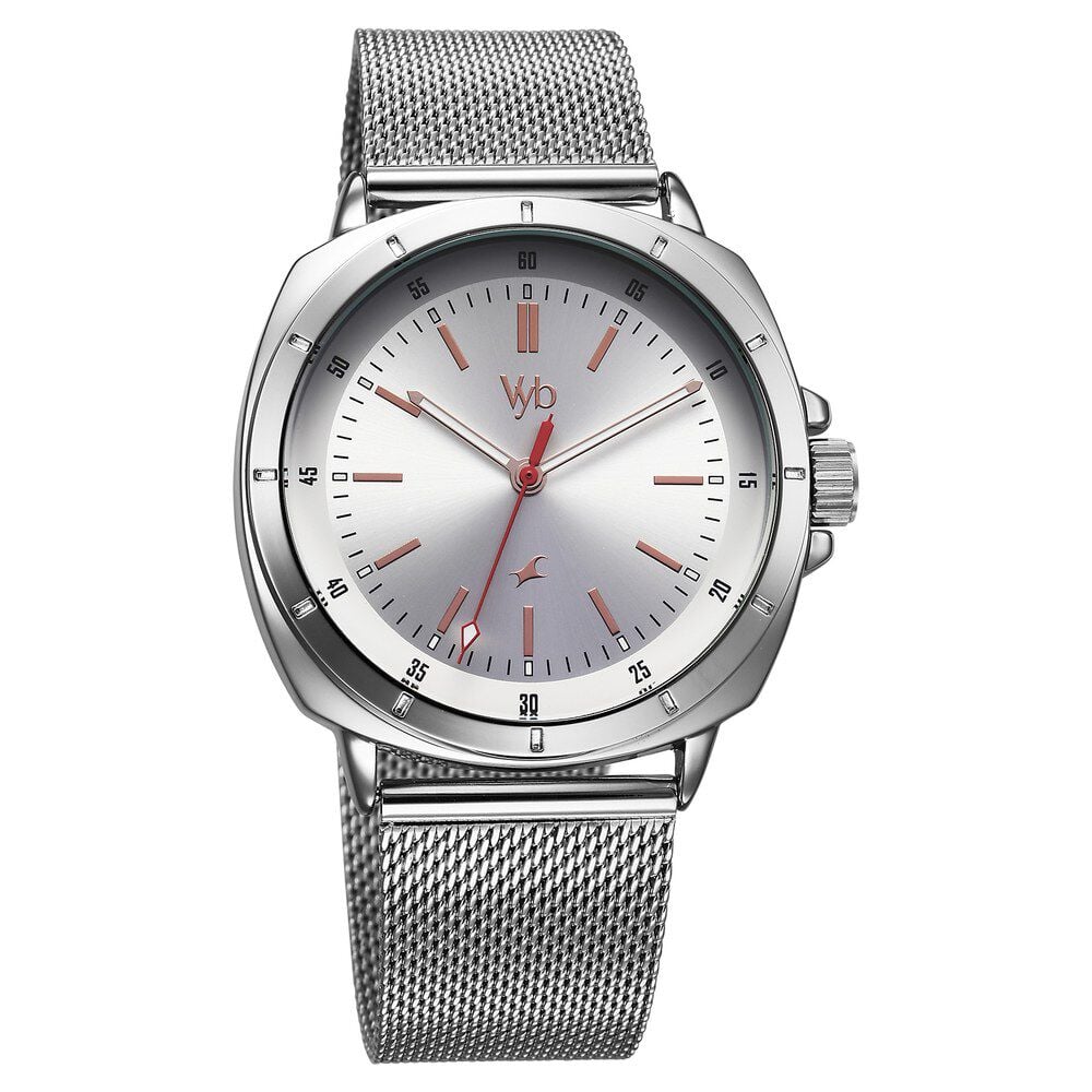 Fastrack Vyb Pioneer Quartz Analog Silver Dial Silver Metal Strap Watch For Guys