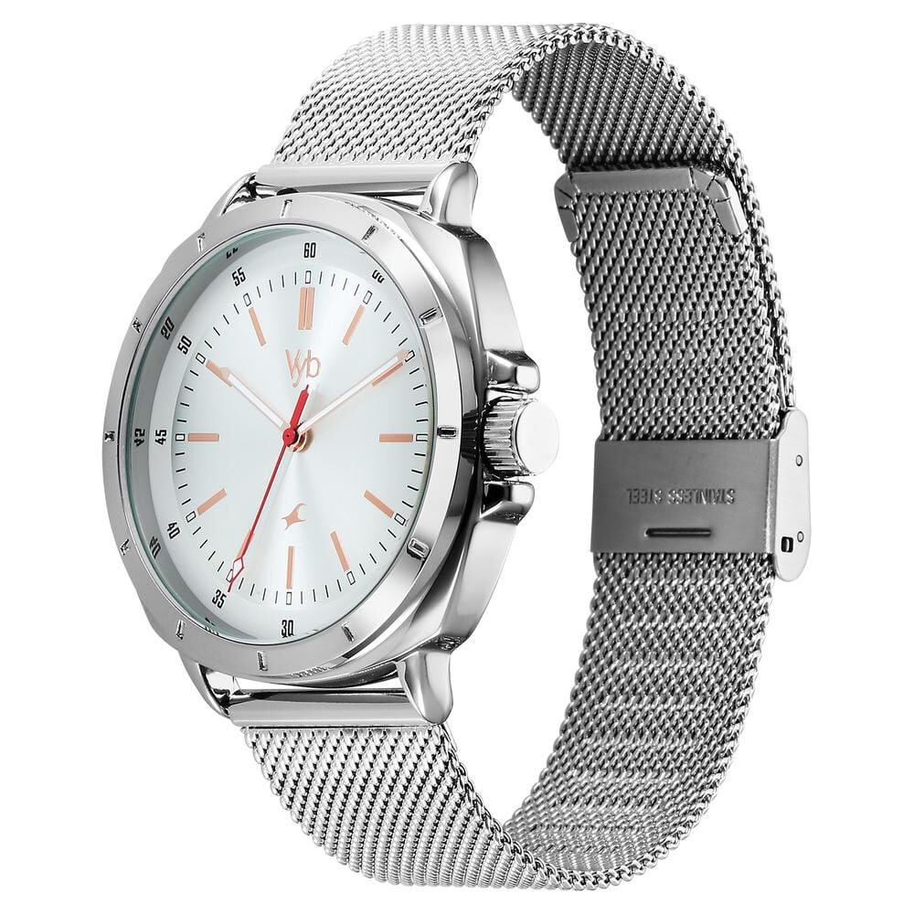 Fastrack Vyb Pioneer Quartz Analog Silver Dial Silver Metal Strap Watch For Guys