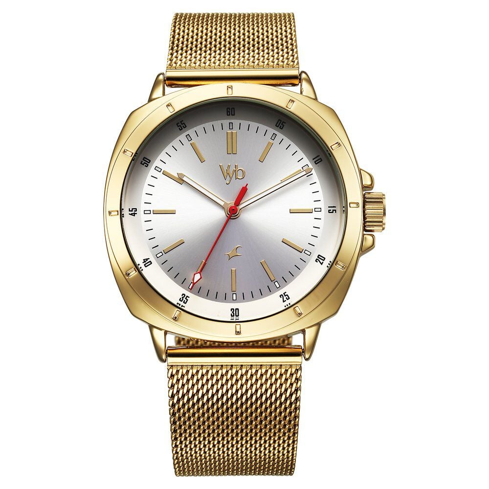 Fastrack Vyb Pioneer Quartz Analog Silver Dial Golden Metal Strap Watch For Guys