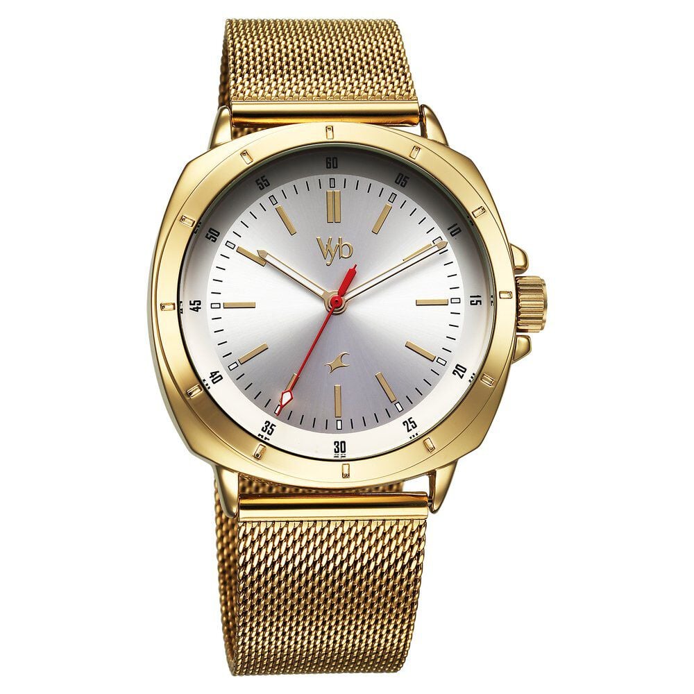 Fastrack Vyb Pioneer Quartz Analog Silver Dial Golden Metal Strap Watch For Guys