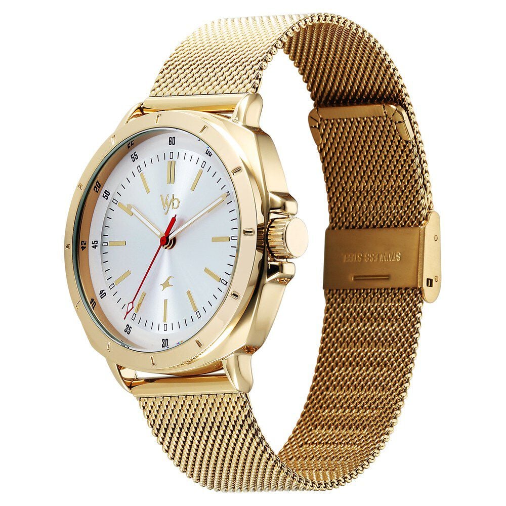 Fastrack Vyb Pioneer Quartz Analog Silver Dial Golden Metal Strap Watch For Guys