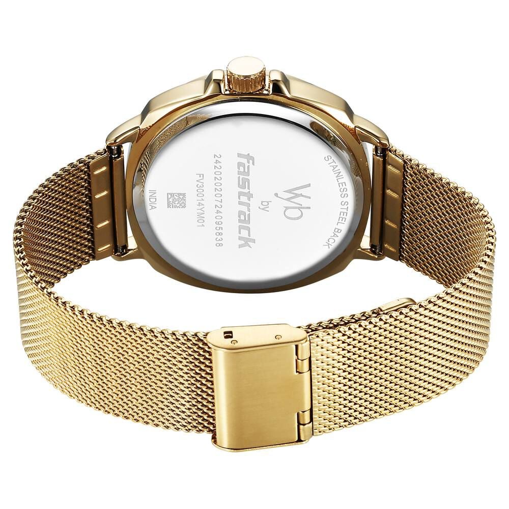 Fastrack Vyb Pioneer Quartz Analog Silver Dial Golden Metal Strap Watch For Guys