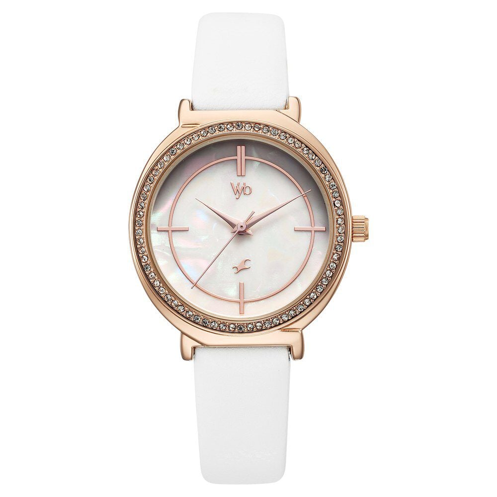 Fastrack Vyb Spotlight Quartz Analog Mother of Pearl Dial White Leather Strap Watch For Girls