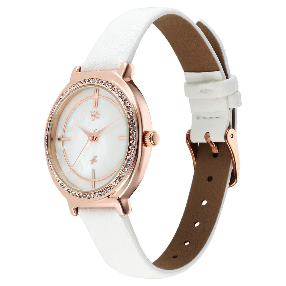 Fastrack Vyb Spotlight Quartz Analog Mother of Pearl Dial White Leather Strap Watch For Girls