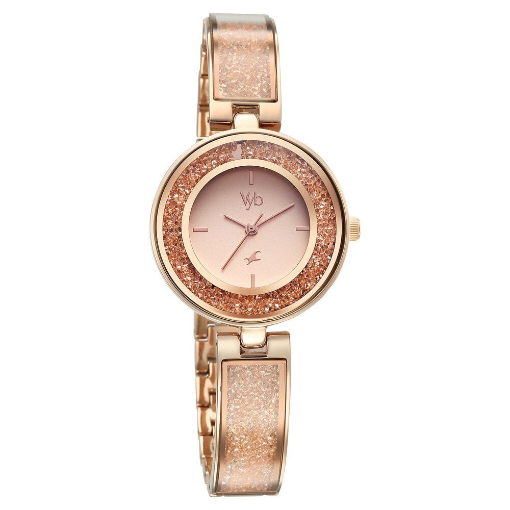 Fastrack Vyb Starlet Quartz Analog Pink Dial Rose Gold Color Metal Strap Watch For Girls
