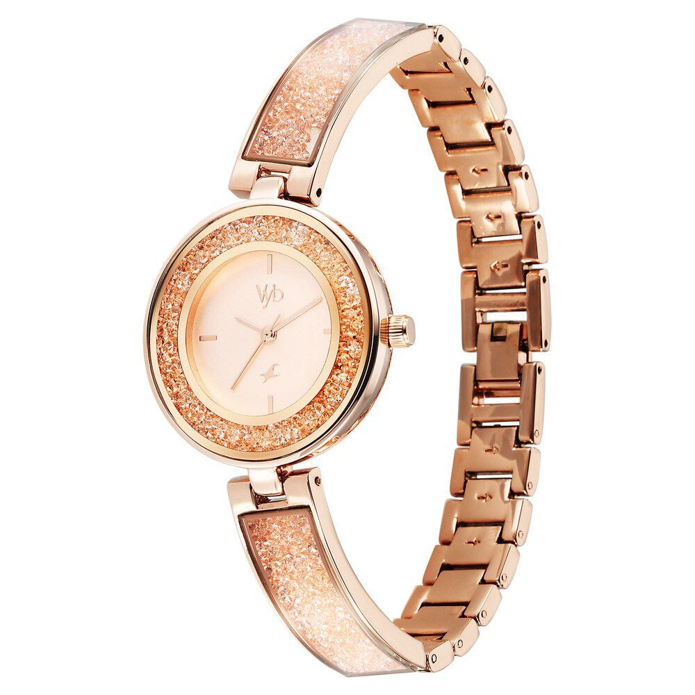 Fastrack Vyb Starlet Quartz Analog Pink Dial Rose Gold Color Metal Strap Watch For Girls
