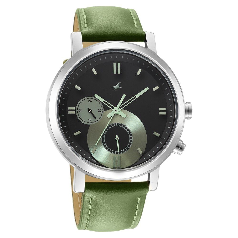 Fastrack Tick Tock Quartz Multifunction Black Dial Leather Strap Watch for Guys