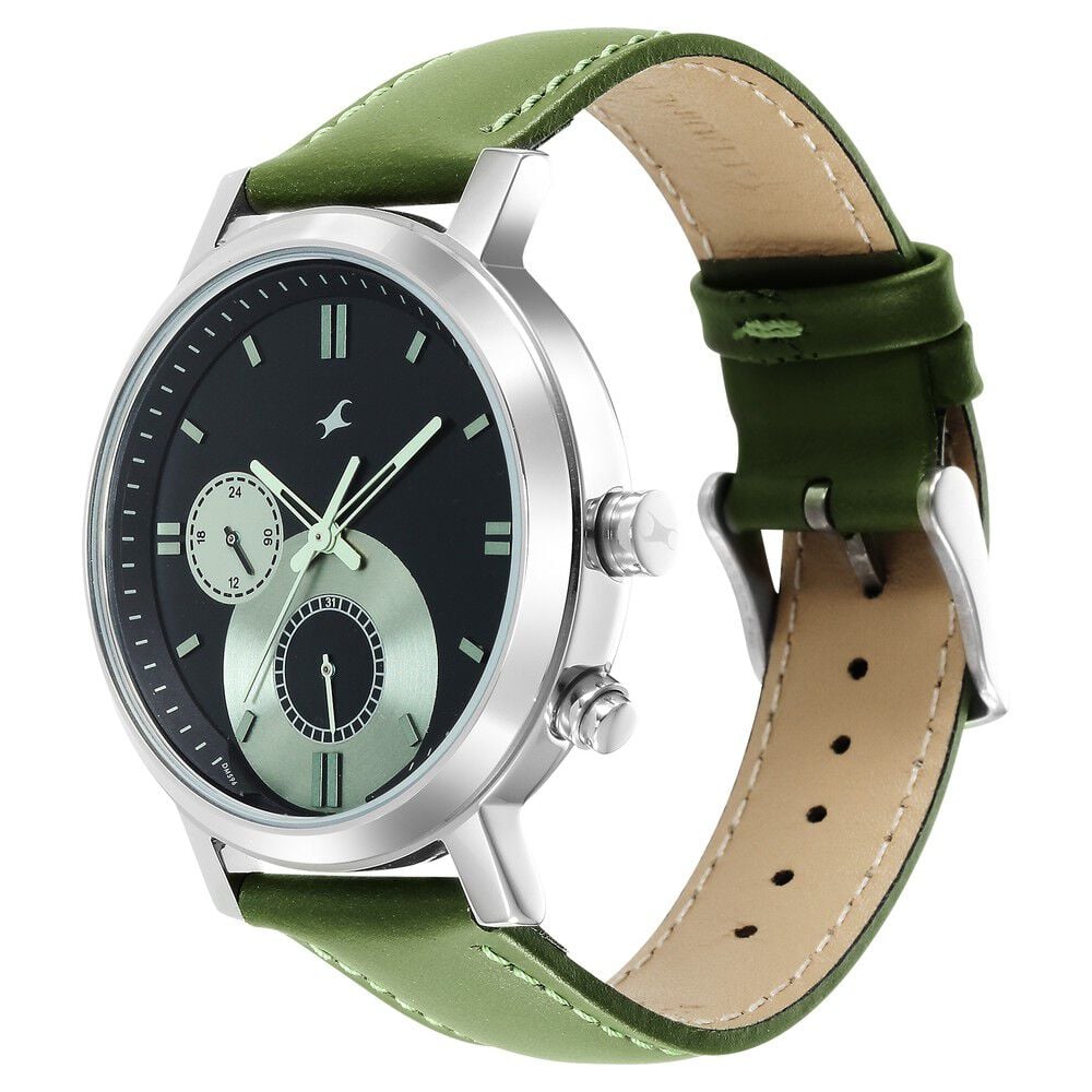 Fastrack Tick Tock Quartz Multifunction Black Dial Leather Strap Watch for Guys