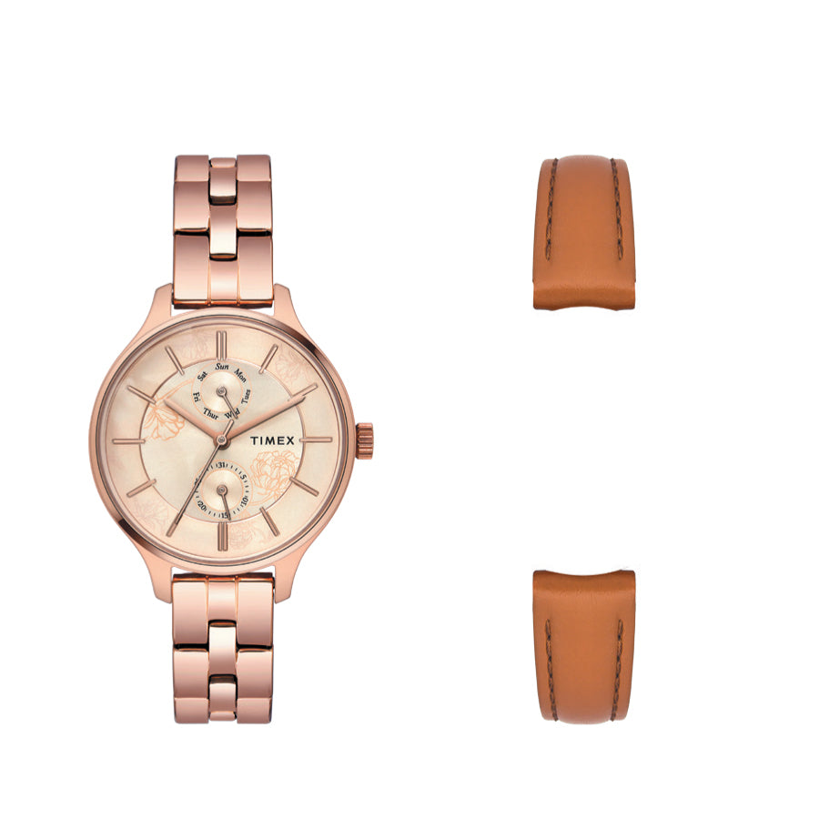 Timex Fashion Women's Rose Gold Dial Round Case Multifunction Function Watch -TWEL14803