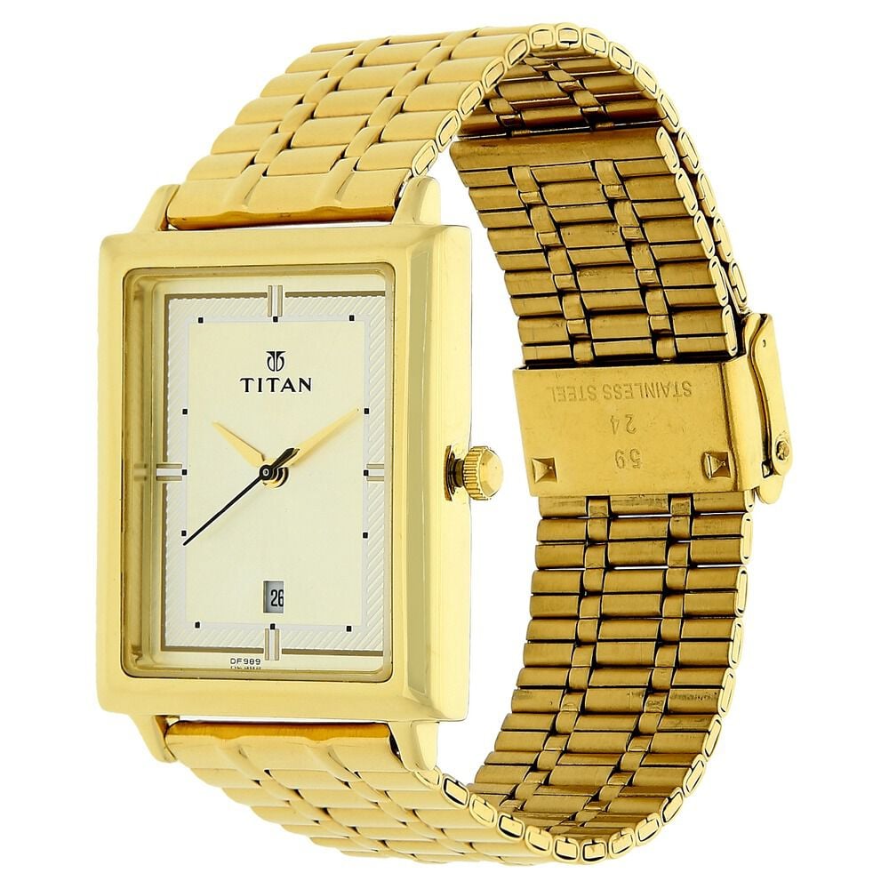 Titan Quartz Analog with Date Champagne Dial Golden Stainless Steel Strap Rectangular Shaped Watch For Men