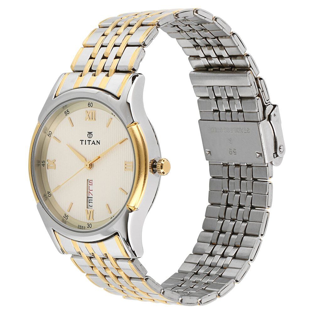 Titan Analog with Day and Date Off White Dial Stainless Steel Strap watch for Men