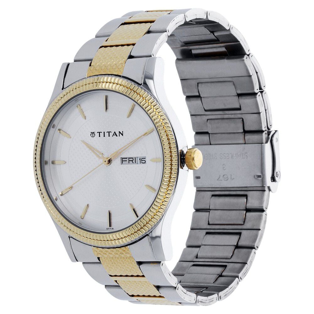 Titan Quartz Analog with Day and Date Silver Dial Two Toned Stainless Steel Strap Watch For Men