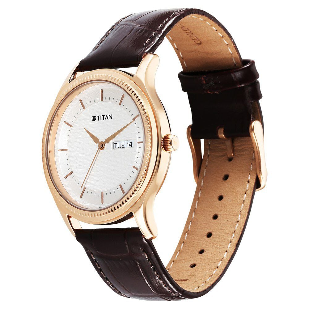 Titan Karishma Quartz Analog with Day and Date Silver Dial Leather Strap Watch For Men