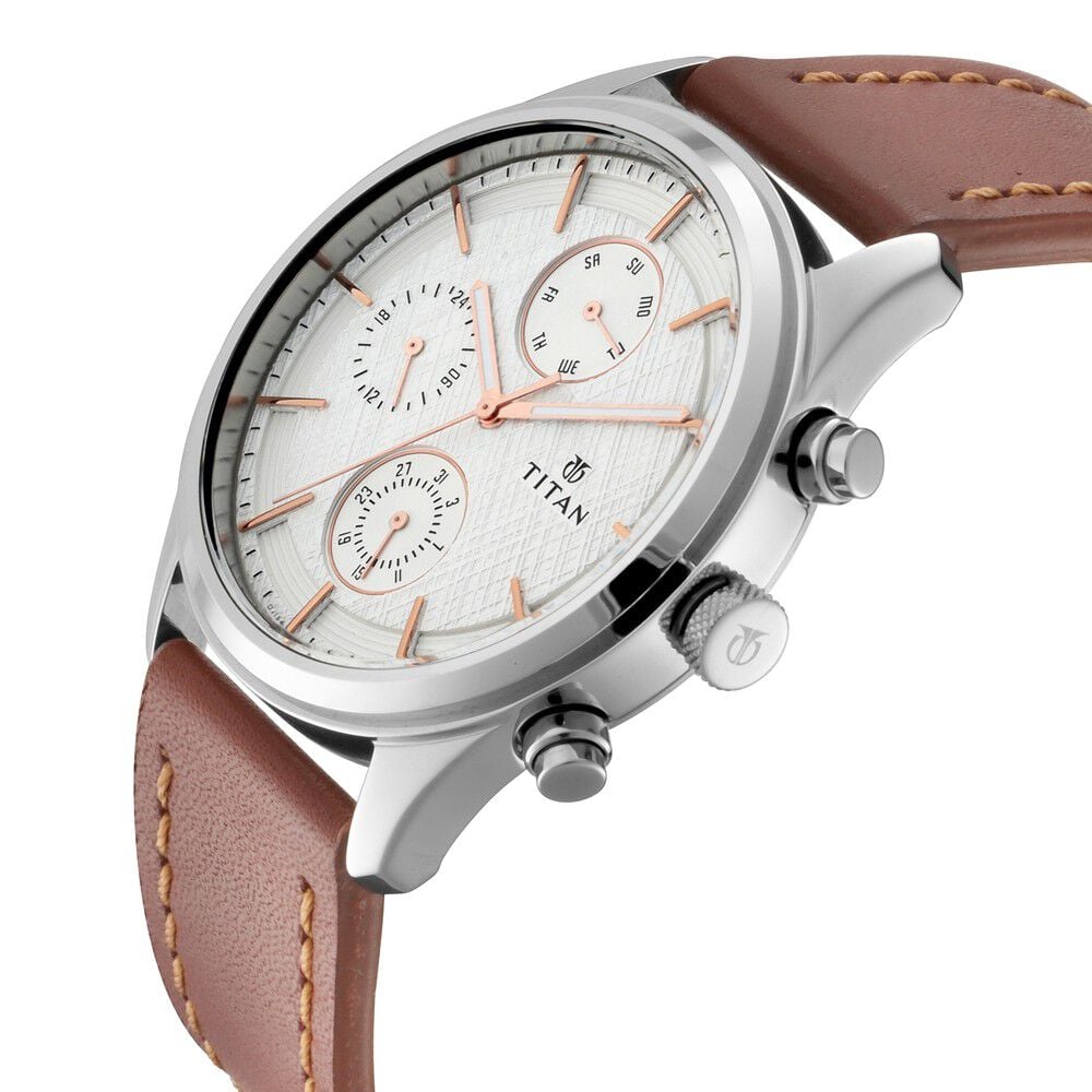 Titan Men's Metropolitan Charm: Men's Multifunctional White Watch with Leather Strap