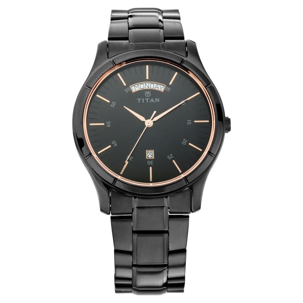 Titan Quartz Analog with Day and Date Black Dial Black Stainless Steel Strap Watch For Men