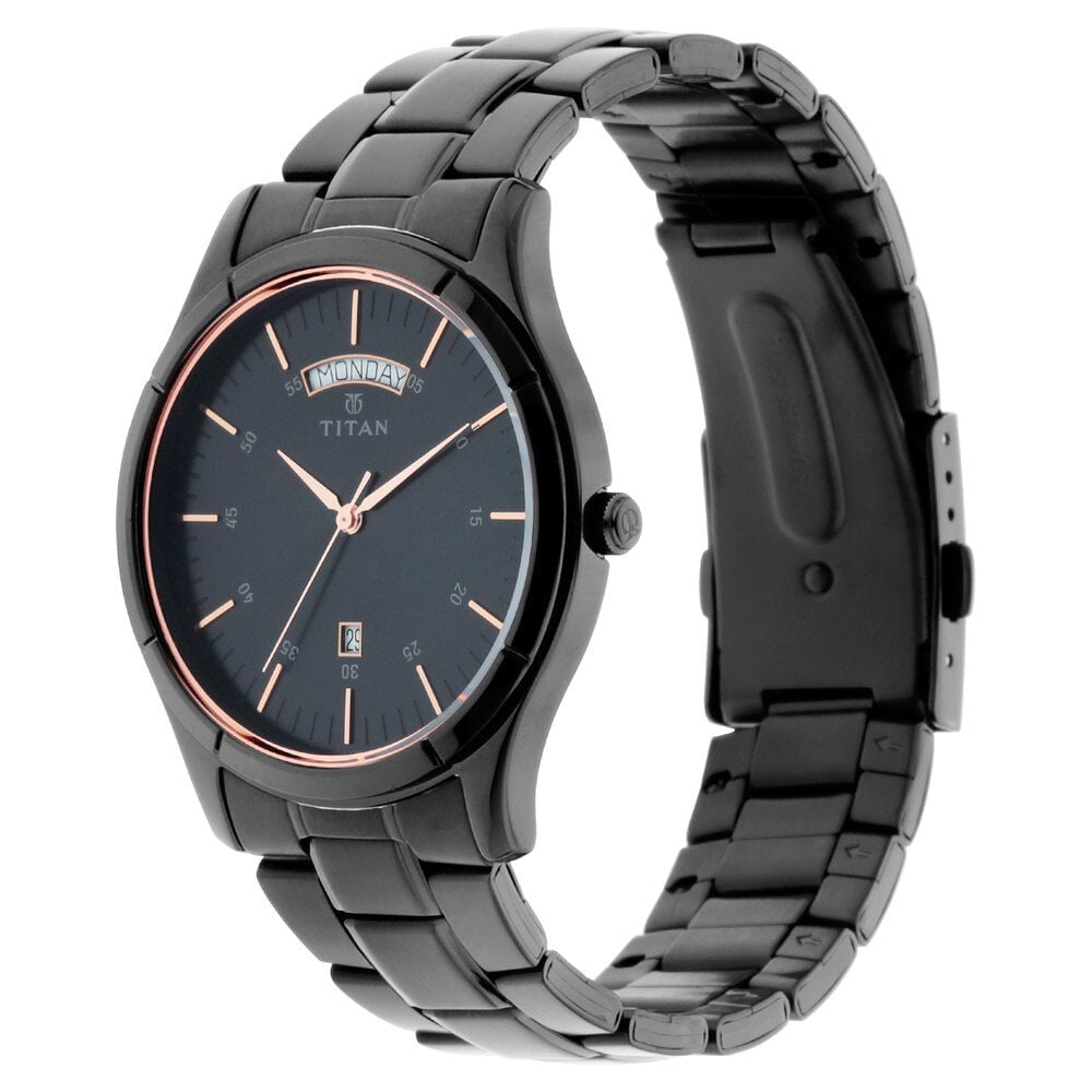 Titan Quartz Analog with Day and Date Black Dial Black Stainless Steel Strap Watch For Men