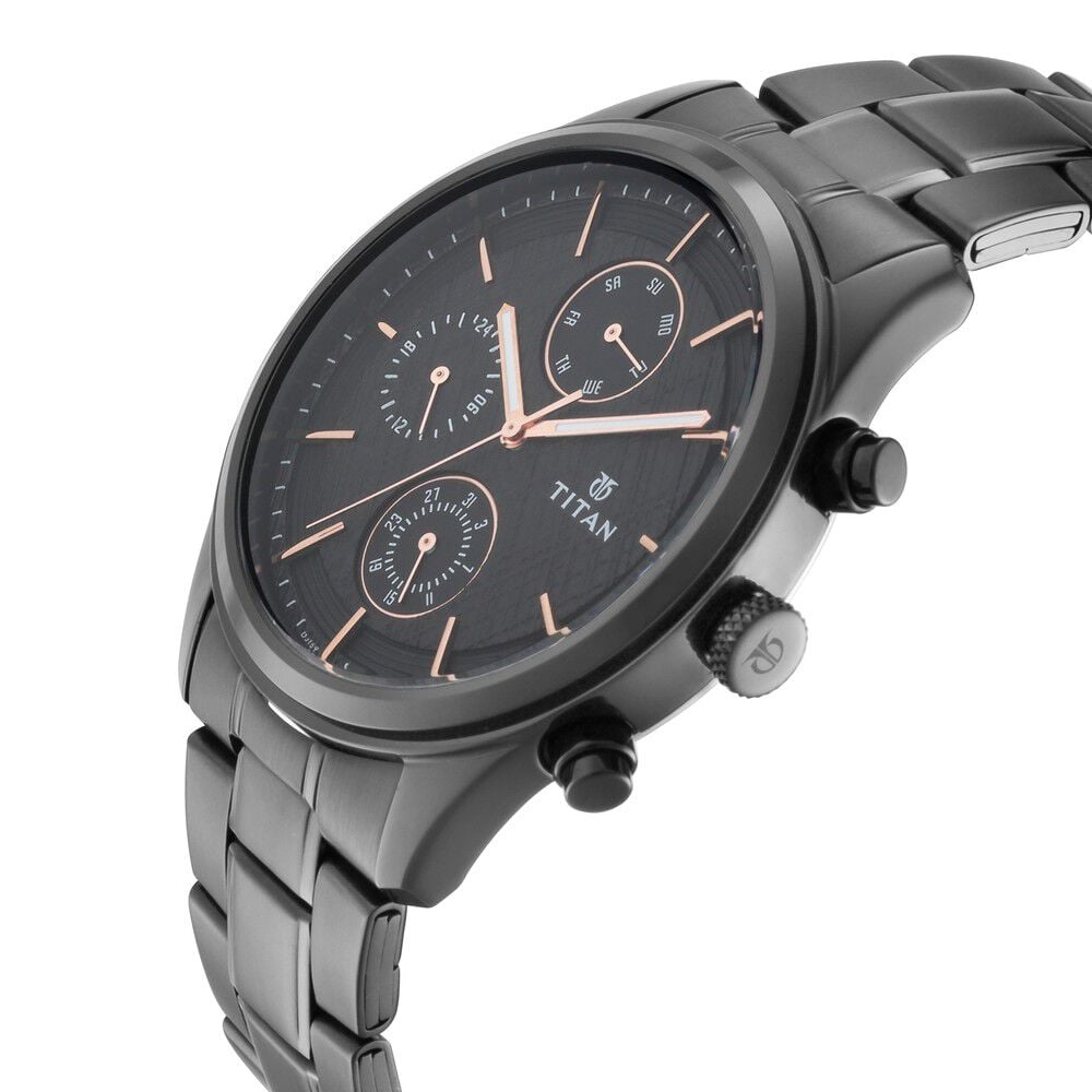 Titan Workwear Multifunction Black Round Dial Black Metal Strap Watch For Men
