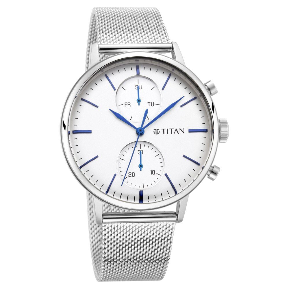 Titan Light Leathers Multifunction Silver Dial Silver Stainless Steel Strap Watch For Men