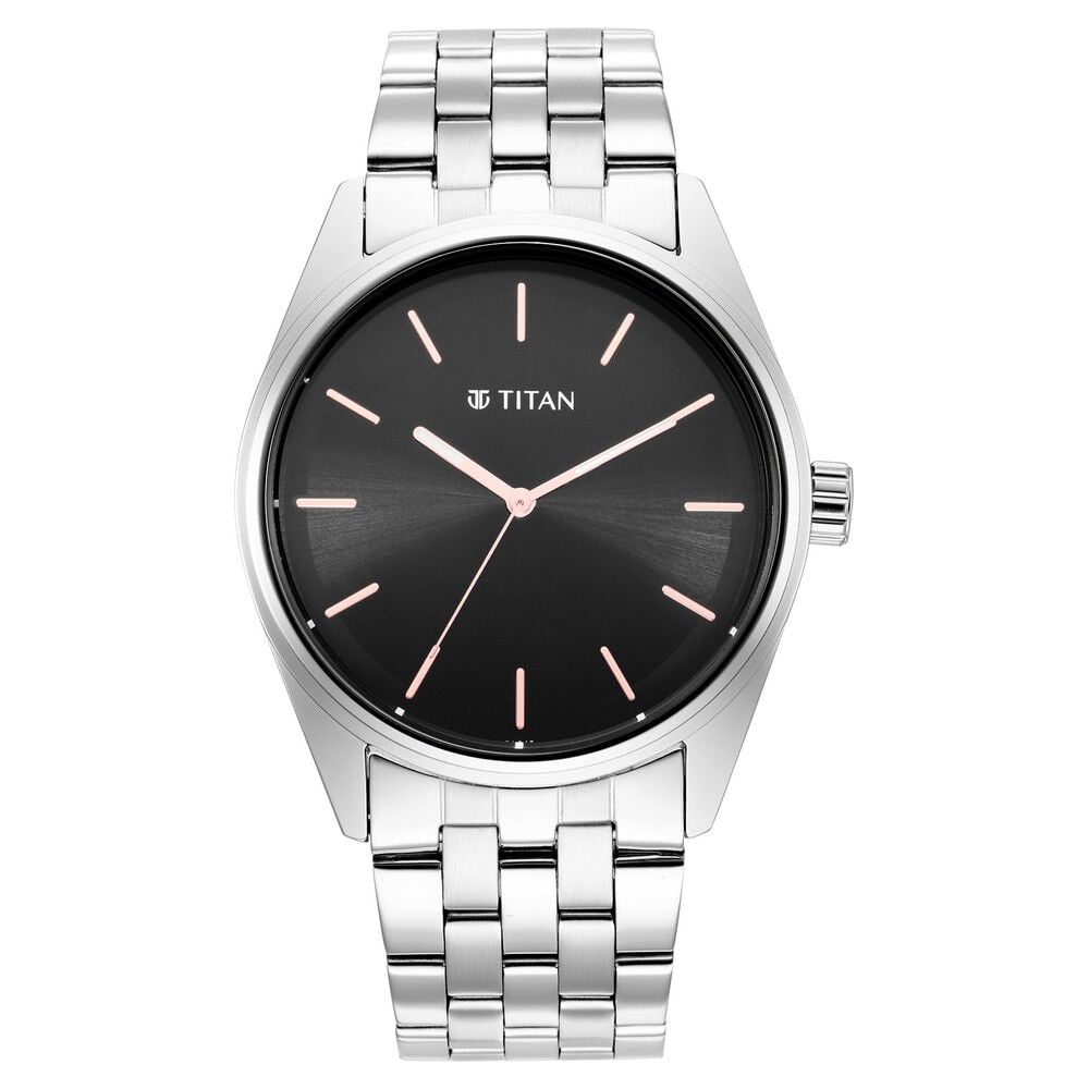 Titan Workwear Quartz Analog Black Dial Silver Stainless Steel Strap Watch For Men