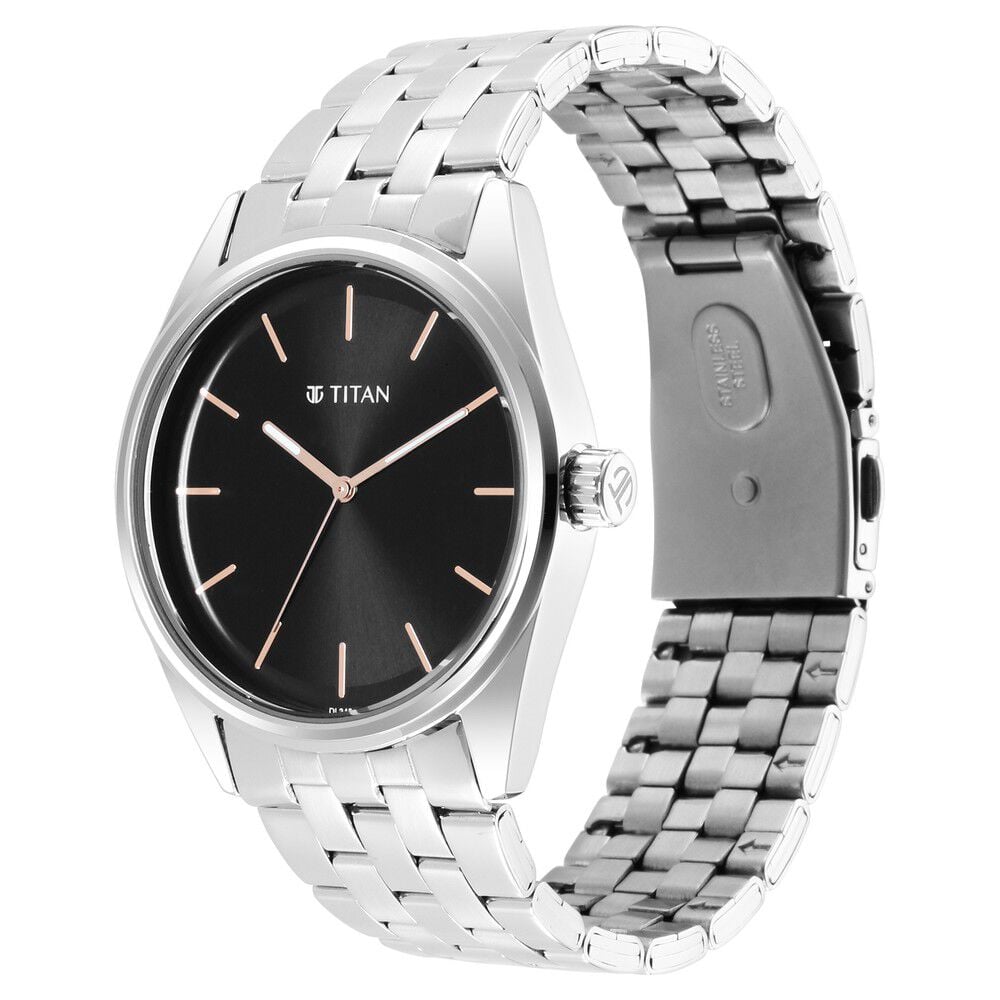 Titan Workwear Quartz Analog Black Dial Silver Stainless Steel Strap Watch For Men