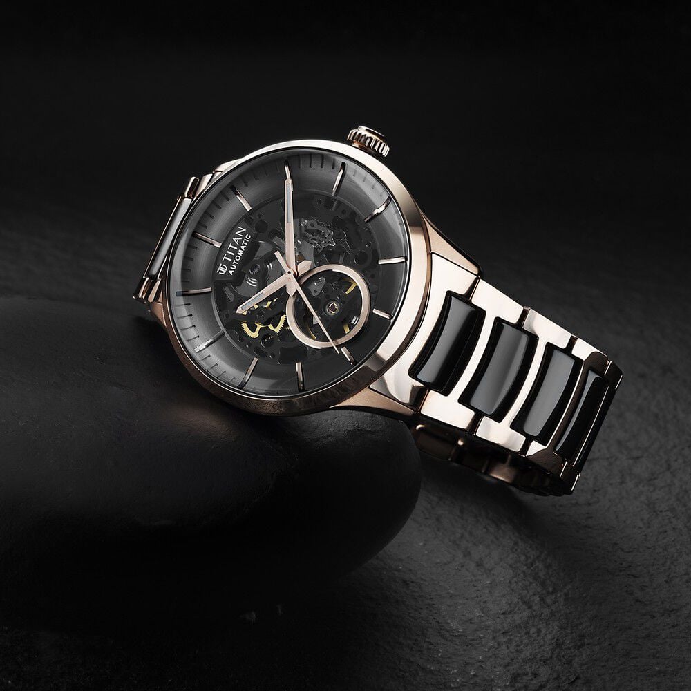 Titan Ceramic Fusion Automatic Black Dial Rose Gold Dual-Toned Stainless Steel Bracelet Watch for Men