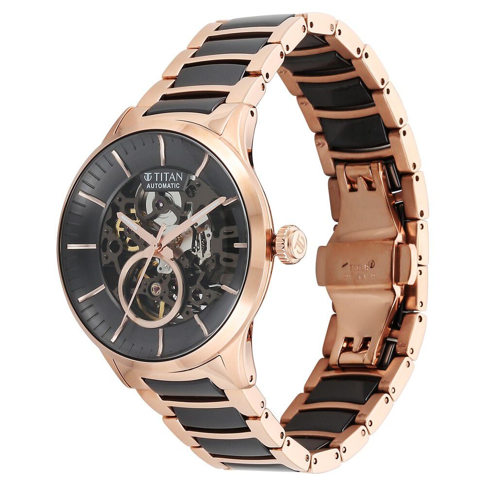 Titan Ceramic Fusion Automatic Black Dial Rose Gold Dual-Toned Stainless Steel Bracelet Watch for Men