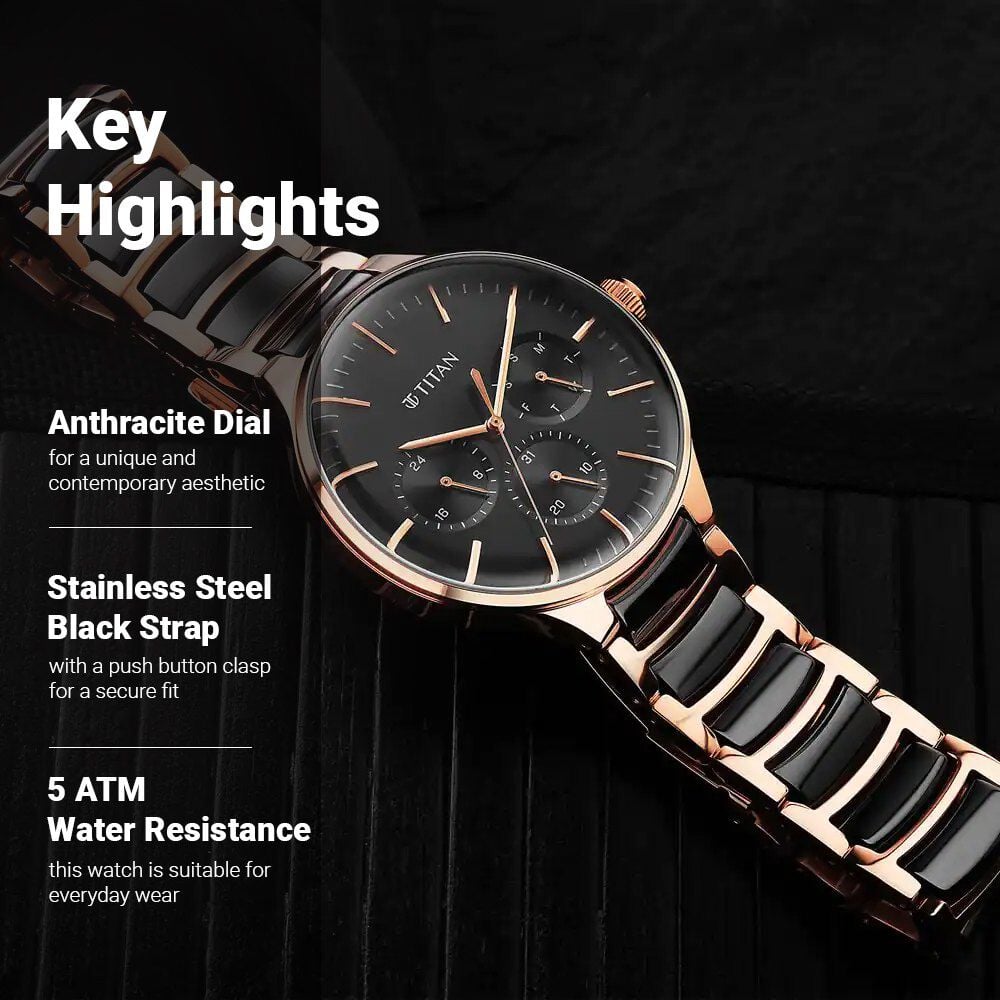 Titan Ceramic Fusion Quartz Multifunction Black Dial Rose Gold Dual-Toned Stainless Steel Bracelet Watch for Men