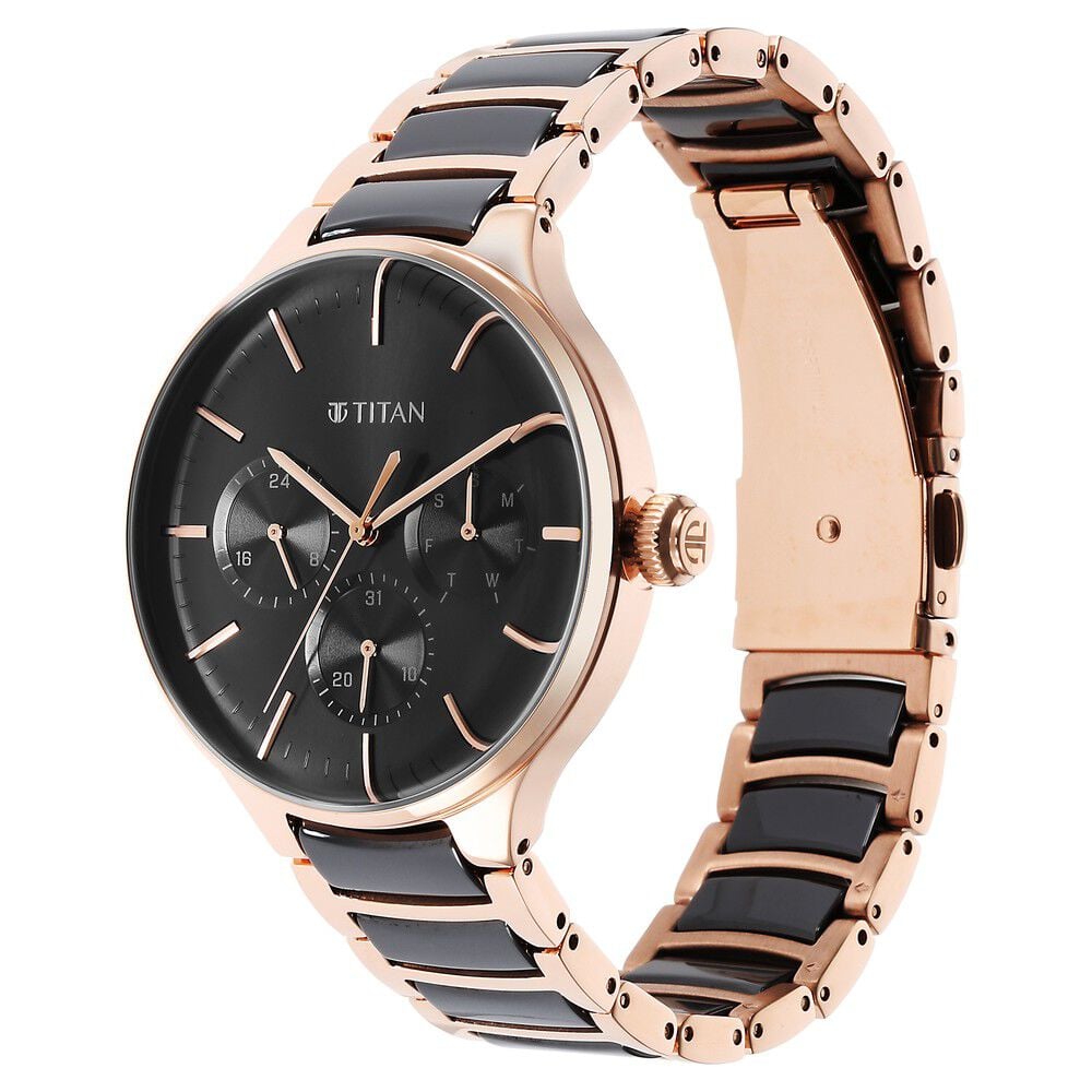 Titan Ceramic Fusion Quartz Multifunction Black Dial Rose Gold Dual-Toned Stainless Steel Bracelet Watch for Men