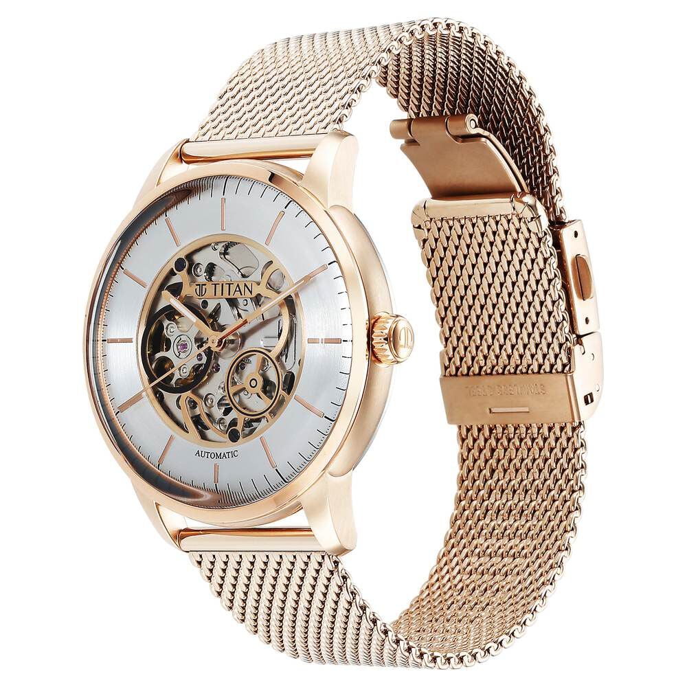 Titan Skeletal Automatic Gold Dial Gold Stainless Steel Strap Watch for Men