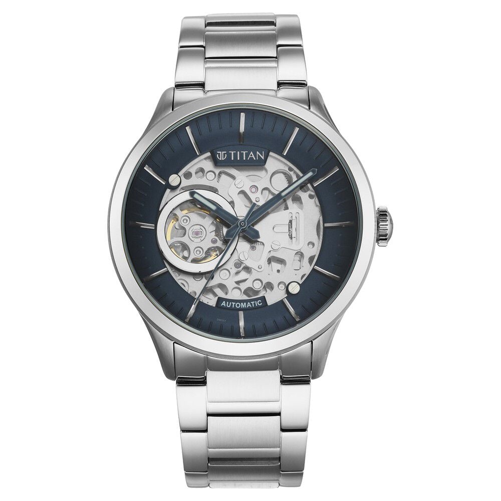 Titan Metal Mechanicals Blue Dial Silver Stainless Steel Strap Watch for Men