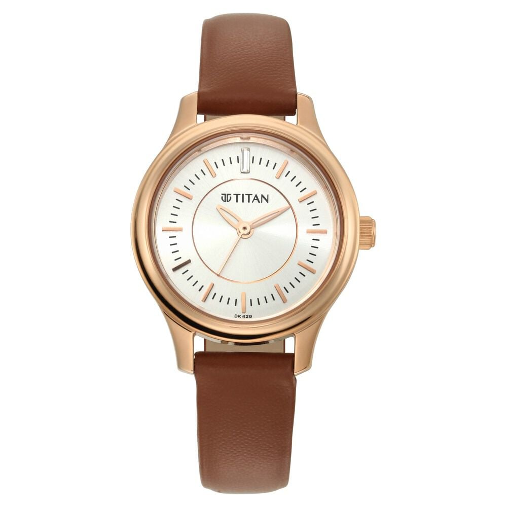Titan Quartz Analog Silver Dial Tan Leather Strap Watch For Women