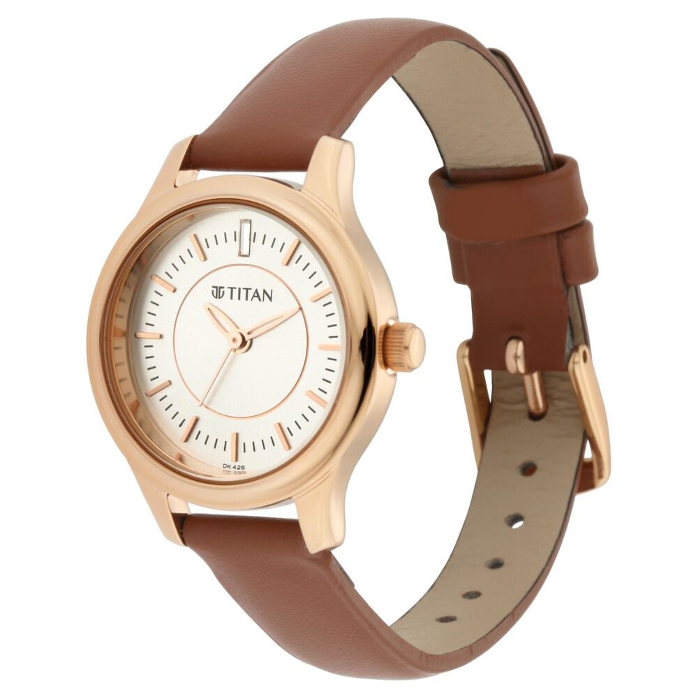 Titan Quartz Analog Silver Dial Tan Leather Strap Watch For Women