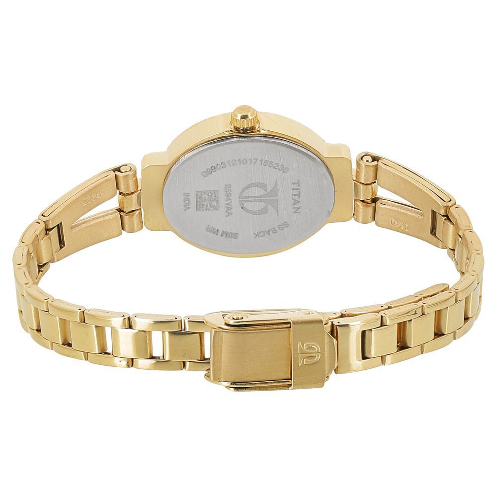 Titan Quartz Analog Champagne Dial Golden Stainless Steel Strap Oval Shaped Watch For Women