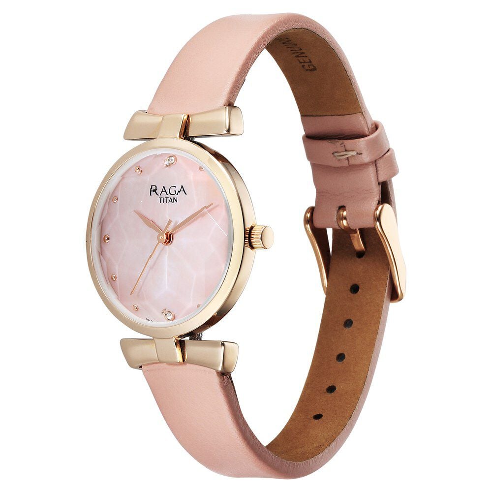 Titan Raga Showstopper Quartz Analog Pink Dial Leather Strap Watch For Women