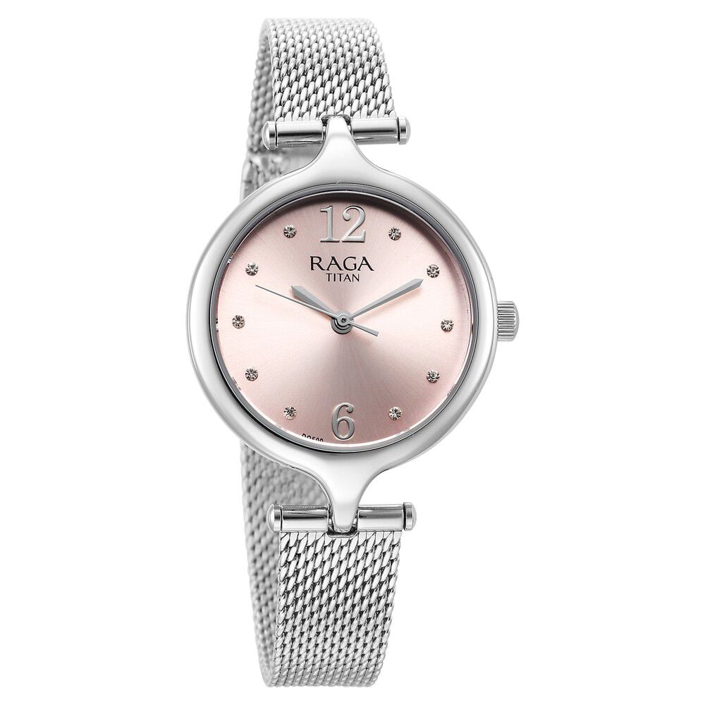 Titan Raga Showstopper Quartz Analog Pink Dial Silver Metal Strap Watch For Women