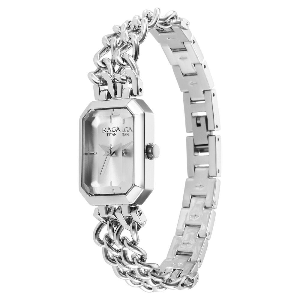 Titan Raga Showstopper Quartz Analog Silver Dial Silver Metal Strap Rectangular Shaped Watch For Women