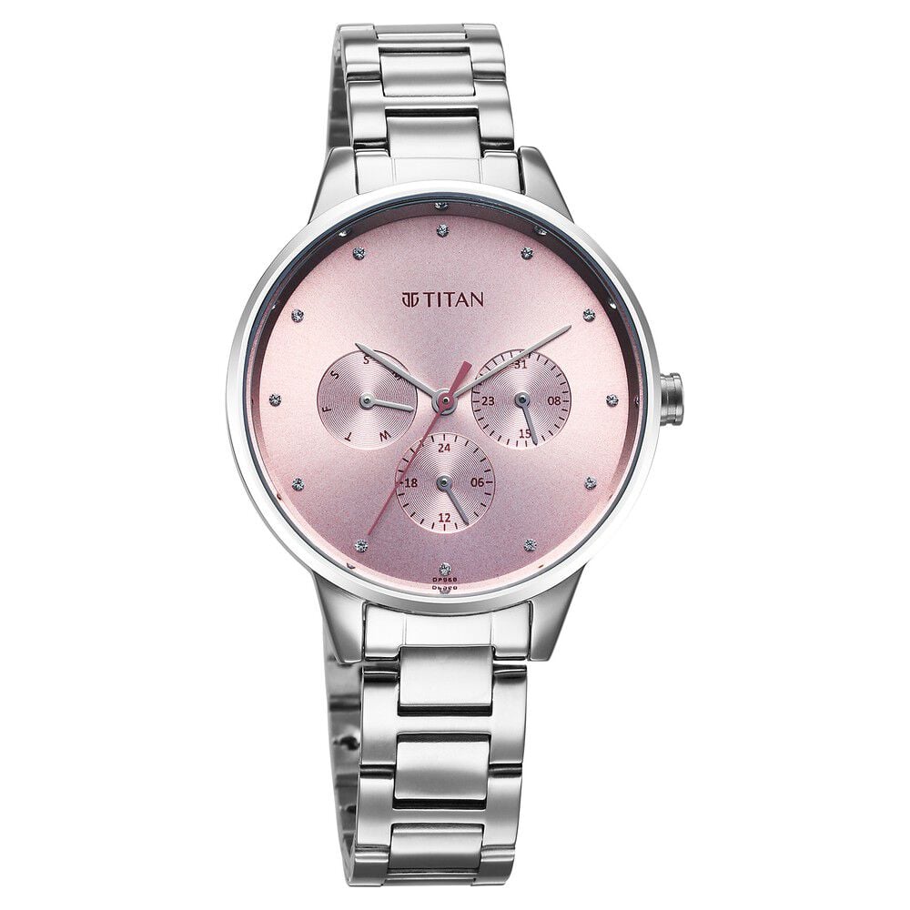 Titan Razzle Dazzle Quartz Analog with Day and Date Pink Dial Silver Stainless Steel Strap Watch For Women