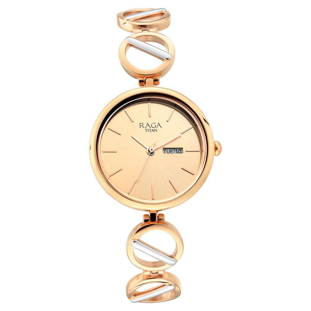 Titan Raga Viva Quartz Analog with Day and Date Rose Gold Dial Two Toned Metal Strap Watch For Women
