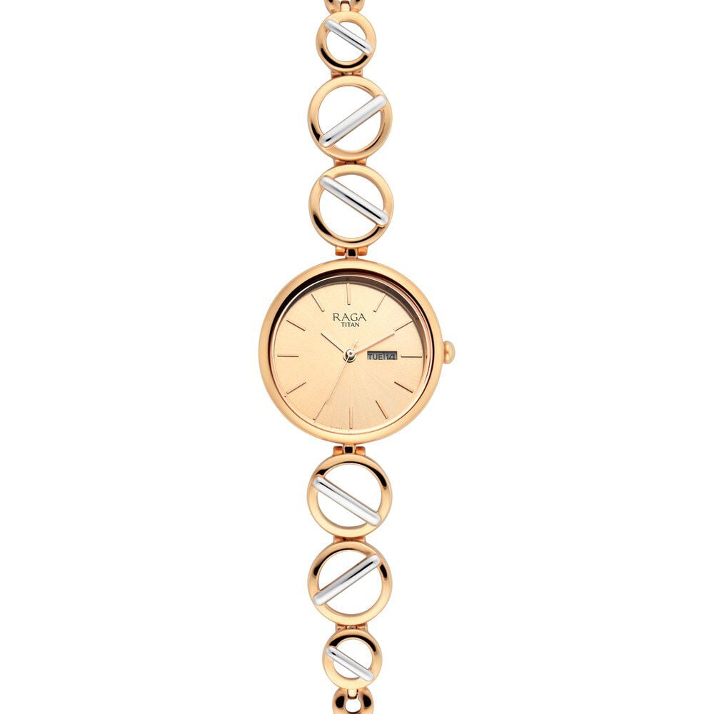 Titan Raga Viva Quartz Analog with Day and Date Rose Gold Dial Two Toned Metal Strap Watch For Women
